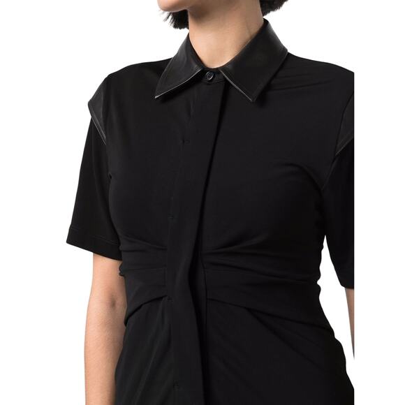 Helmut Lang NWT Pleated Leather Trimmed Cady Mini Dress Black Size M Collar - Picture 2 of 12